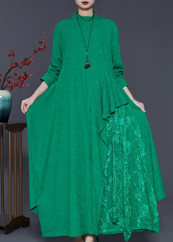 French Green Asymmetrical Patchwork Cotton Ankle Dress Spring