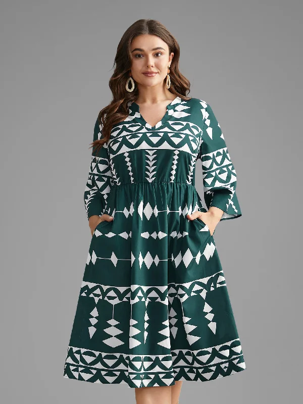 Geometric Pattern Elastic Waist Midi Dress