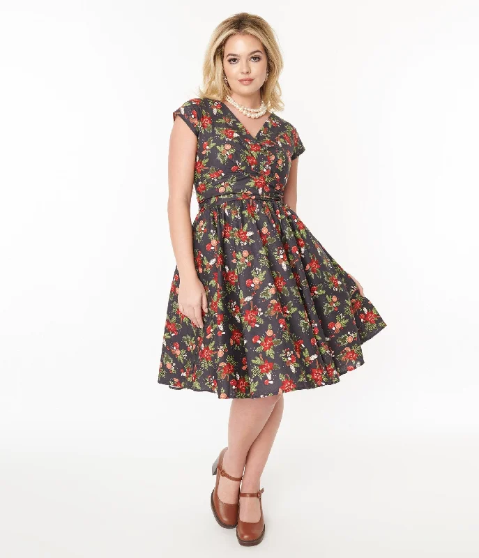 Retrolicious Brown & Holiday Florals Greta Swing Dress