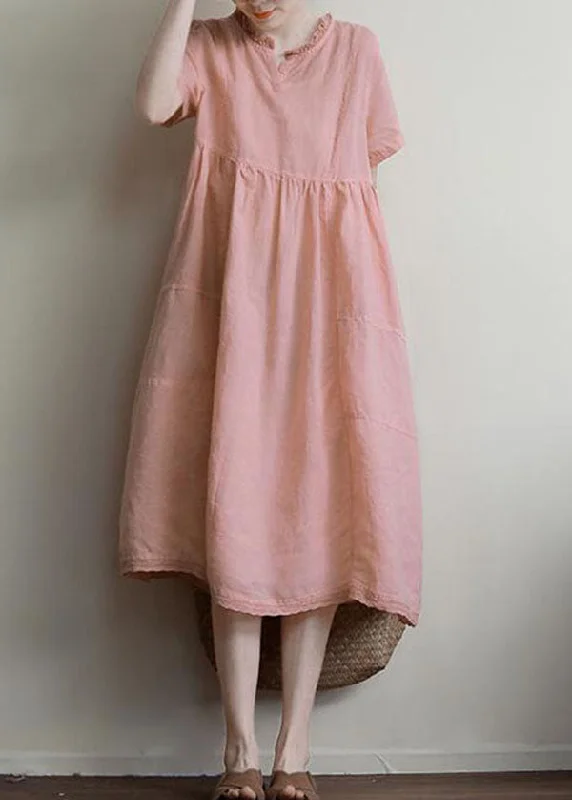 Handmade Pink Ruffled Patchwork Linen Dress Summer