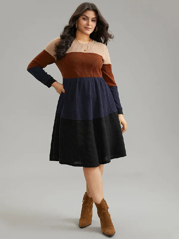 Colorblock Rib Knit Pocket Patchwork Dress