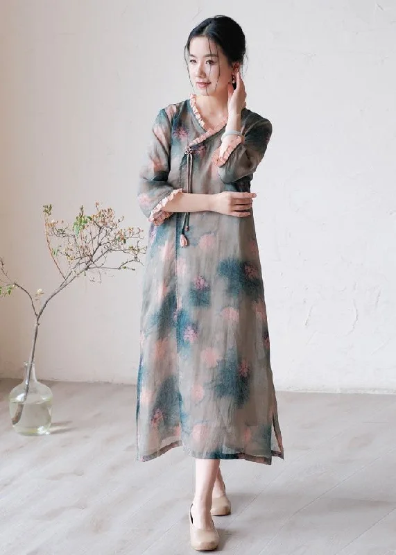 Fine Green Ruffled Tasseled Print Patchwork Linen Dress Summer