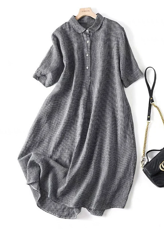 Modern Black Plaid Peter Pan Collar Button Linen Long Shirts Dress Summer