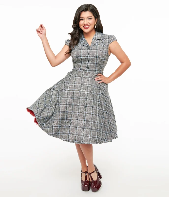 1950s Grey & Blue Plaid Swing Dress