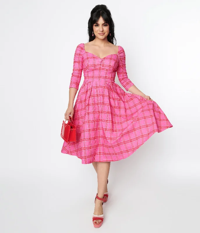 Unique Vintage Pink & Red Plaid Lamar Swing Dress