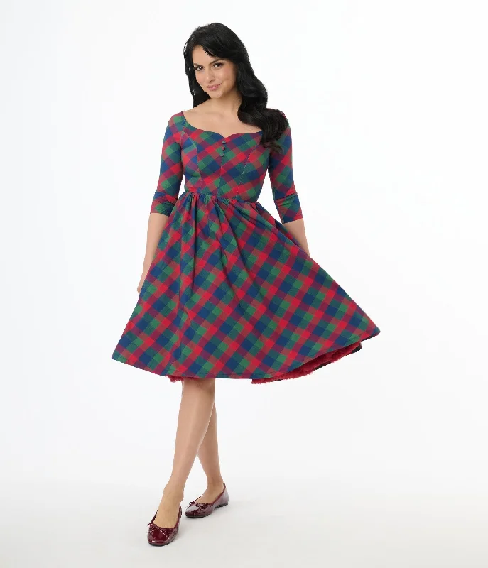 Unique Vintage 1950s Green & Red Plaid Sweetheart Swing Dress