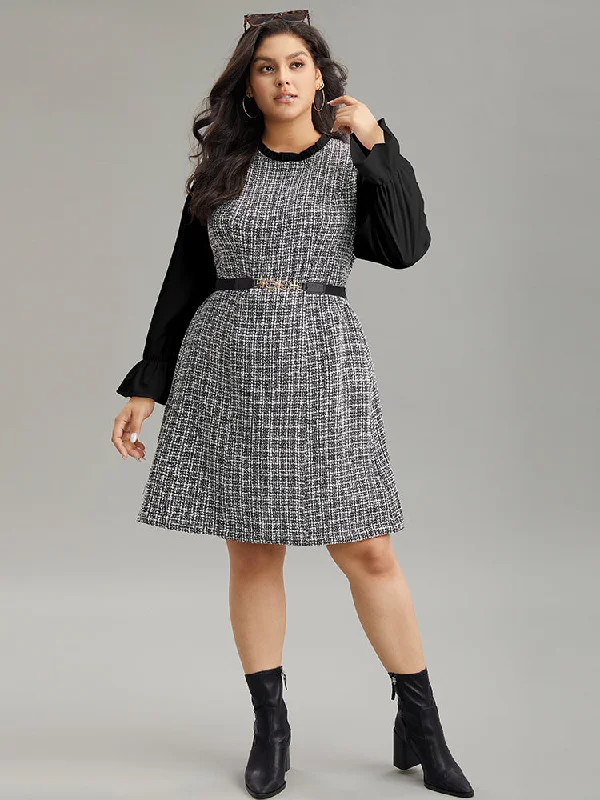 Plaid Patchwork Ruffle Trim Knee Dress