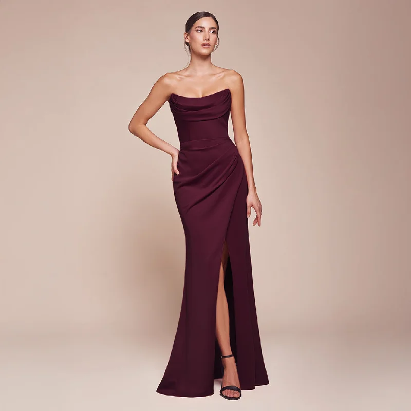 Cinderella Divine Wine Chiffon Strapless Slit Prom Dress