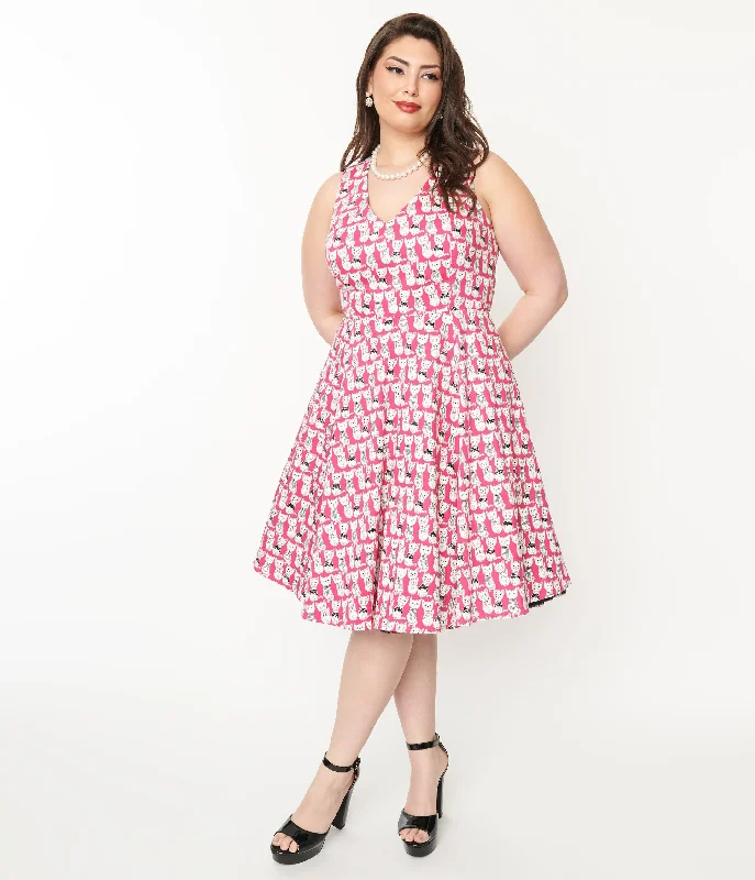 Plus Size 1950s Style Hot Pink Cat Print Sleeveless Swing Dress