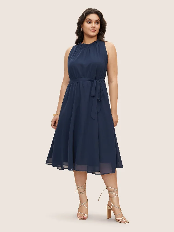 Plain Sleeveless Frill Trim Pocket Belted Mock Neck Dress