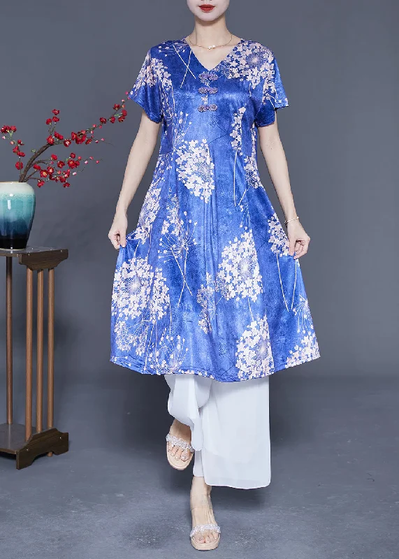 Fashion Blue V Neck Print Silk Holiday Dresses Summer