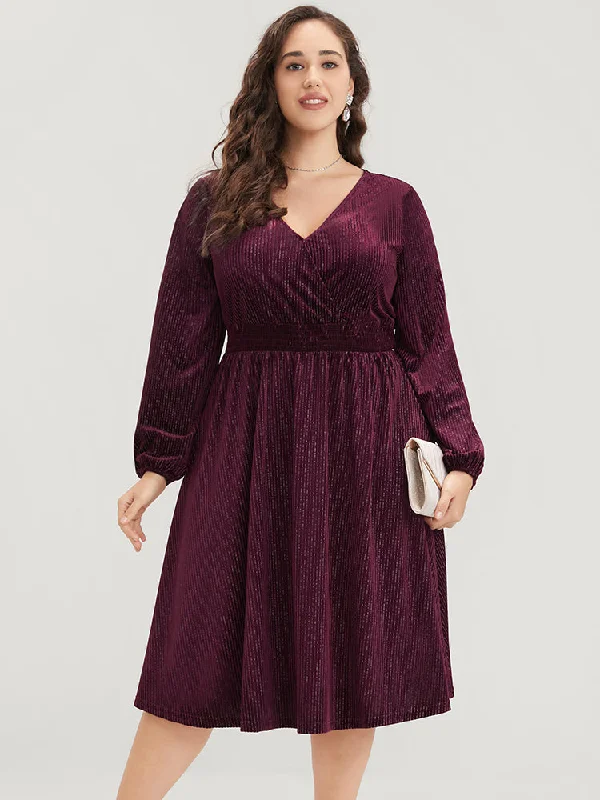 Glitter Lantern Sleeve Surplice Neck Shirred Dress