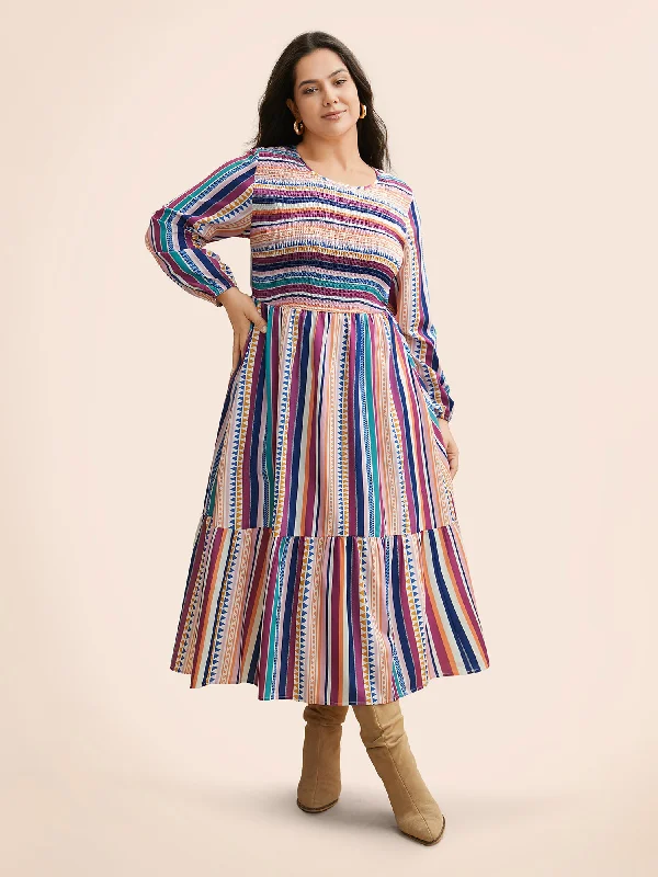 Contrast Striped Shirred Ruffle Hem Dress