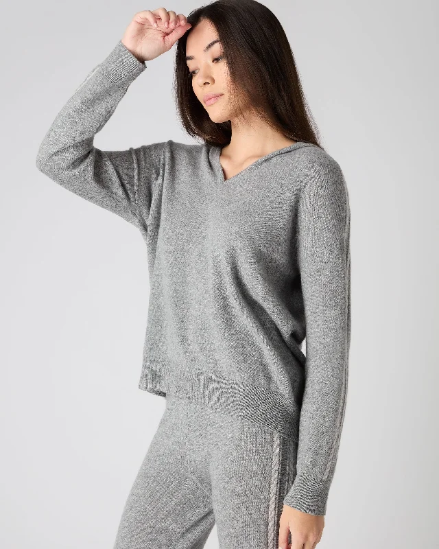 Women's Lurex Detail Cashmere Hoodie Flannel Grey