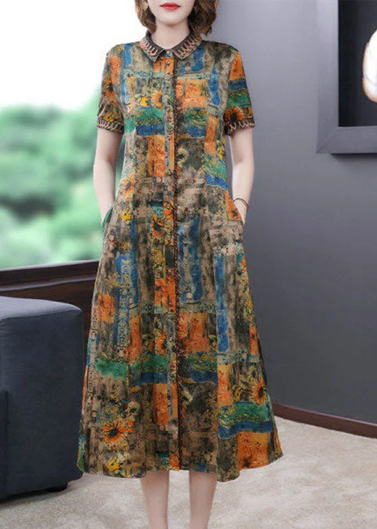 Women Yellow Peter Pan Collar Print Silk Dresses Summer