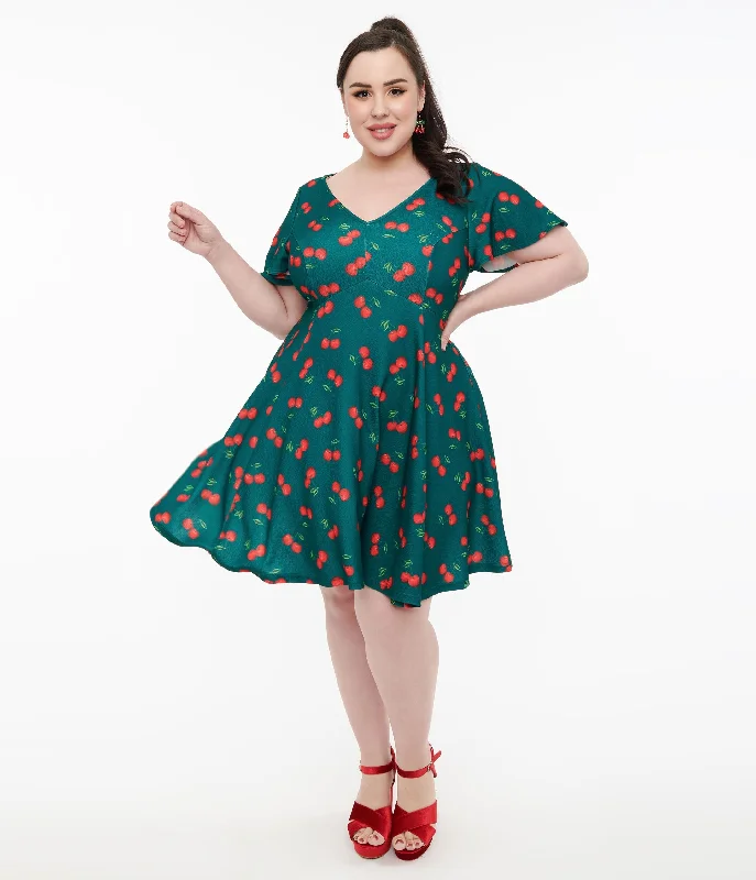 Unique Vintage Plus Size 1950s Emerald & Cherry Print Poppy Flare Dress