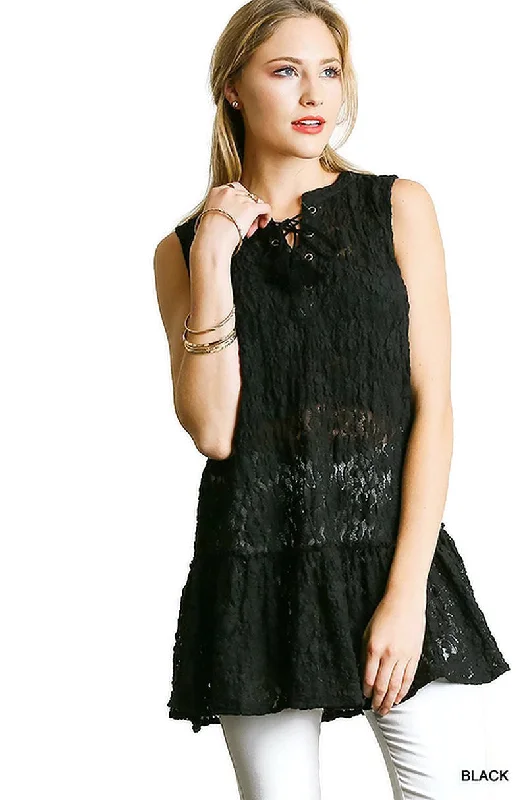 Lace Up Sleeveless Lace Tunic, Black