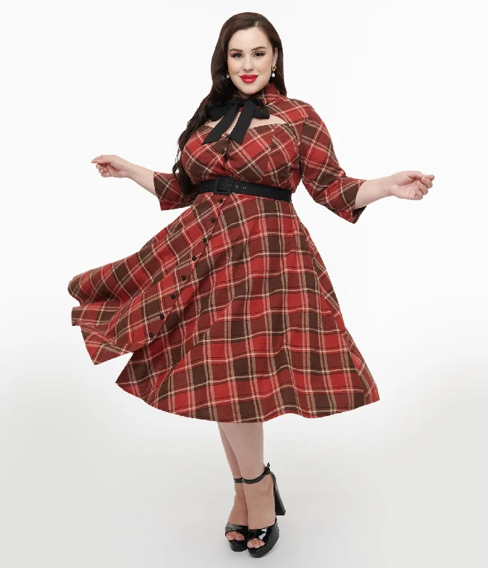 Unique Vintage Plus Size 1950s Red & Brown Bias Plaid Swing Dress