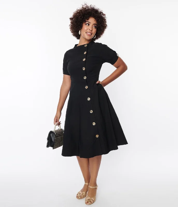 Unique Vintage Black Button Swing Dress