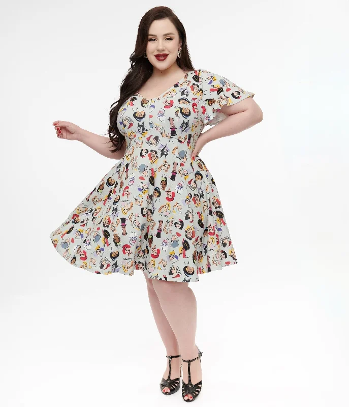 Disney Princess Collection by Unique Vintage Plus Size Grey Princess & Villain All Over Print Fit & Flare Dress