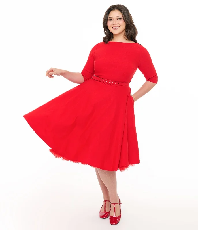 Unique Vintage Plus Size 1950s Bright Red Devon Swing Dress