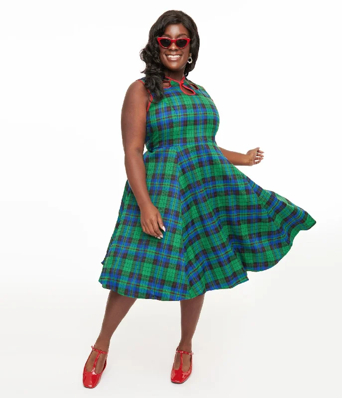 Banned Plus Size 1950s Green & Blue Winter Check Swing Dress