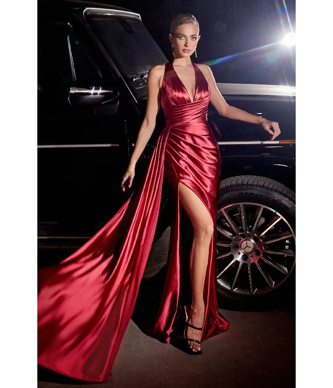 Cinderella Divine  Burgundy Pleated Satin Halter Fitted Slit Dress